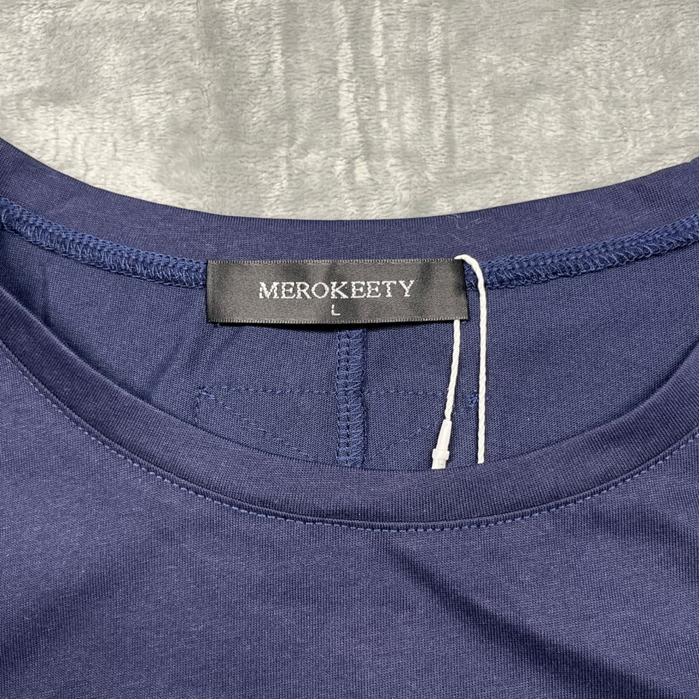MEROKEETY Peplum T-Shirt Women Navy Blue Ruffle Hem Short Sleeve Crew Neck Large - Picture 6 of 14